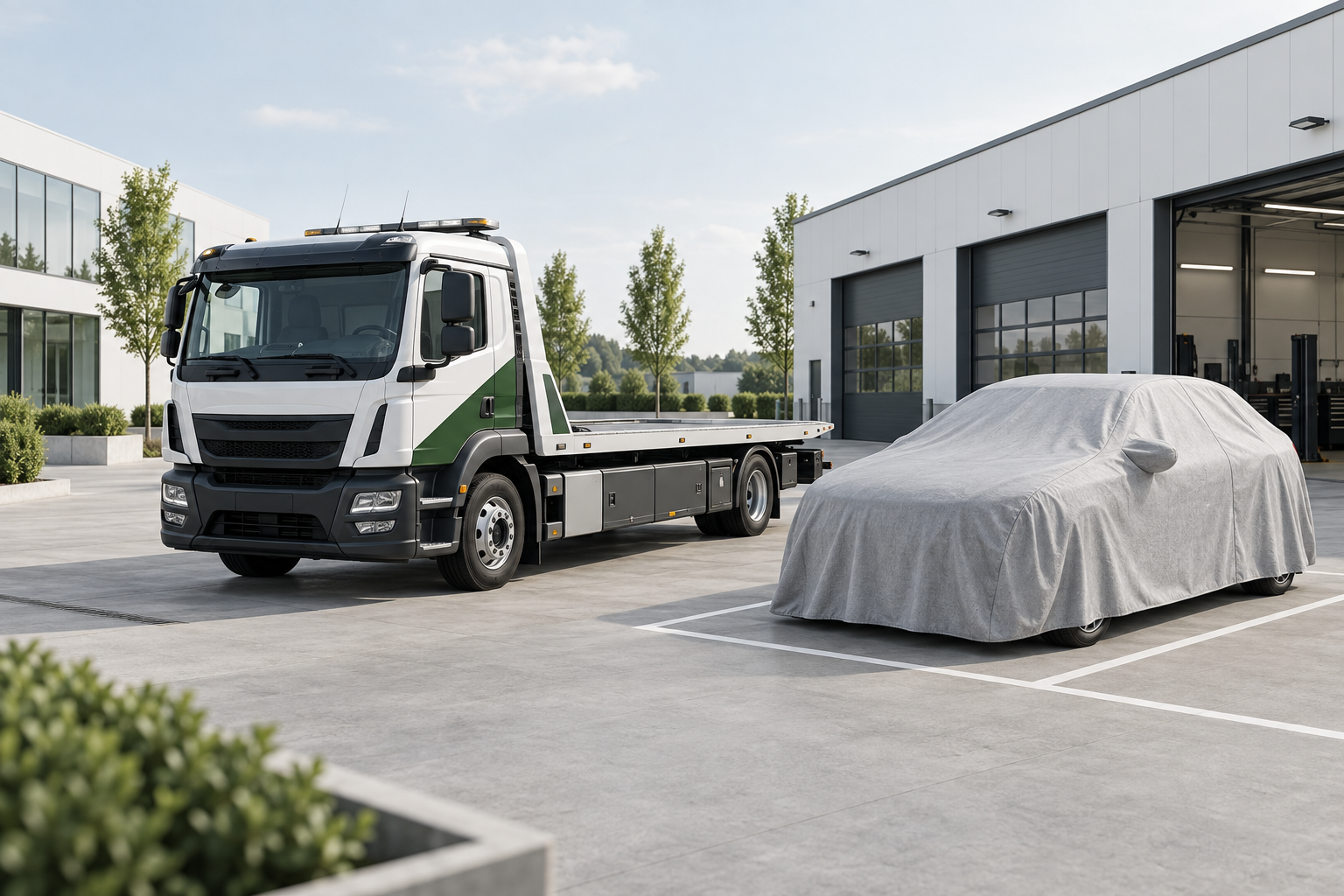 KI-Illustration: leerer Abschleppwagen und separat abgestellter, abgedeckter Pkw auf einem Betriebshof
