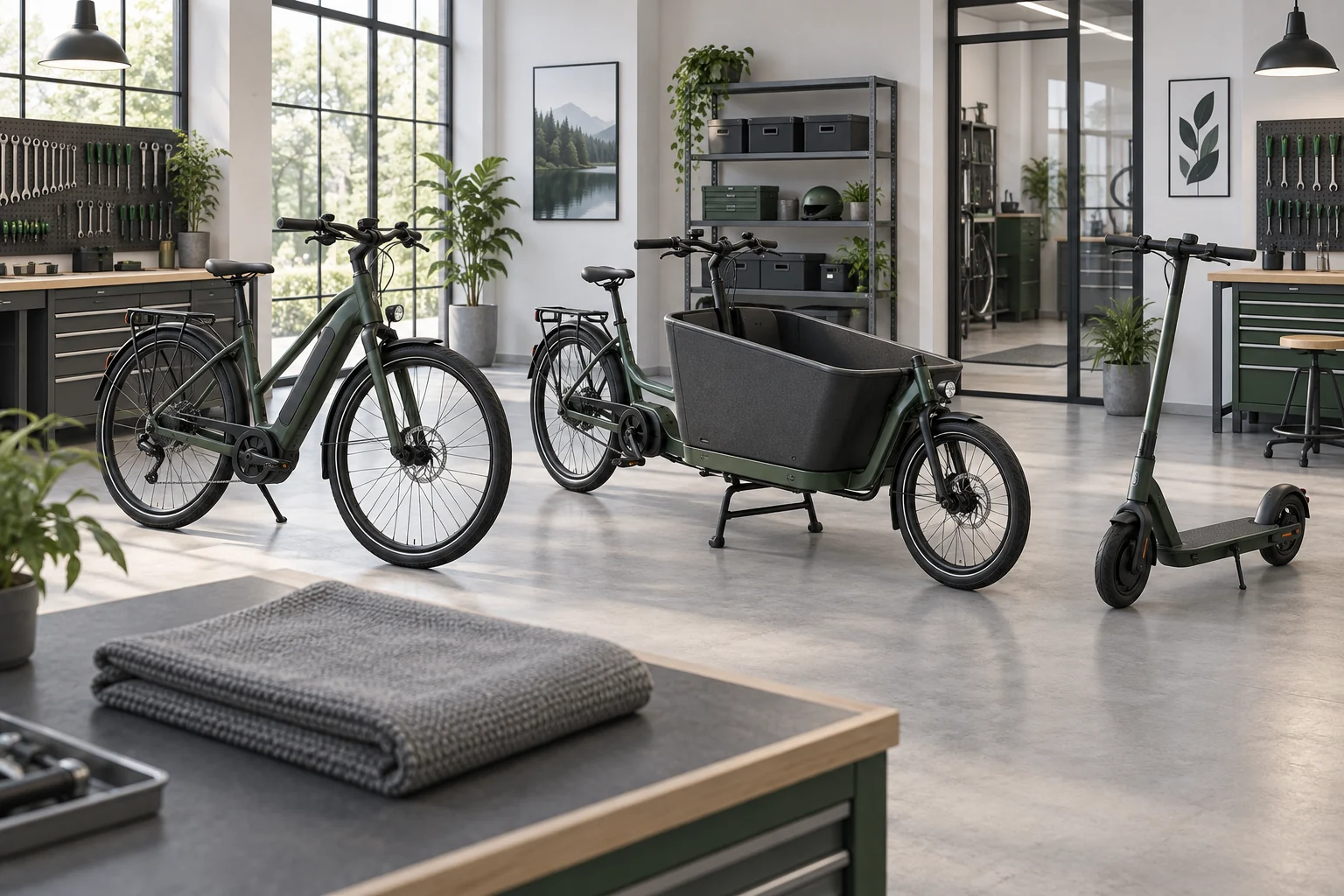 KI-Konzeptillustration eines Servicebetriebs mit E-Bike, Lastenrad und E-Scooter